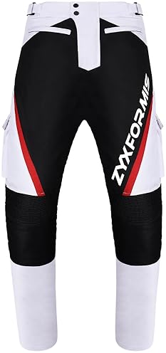 ZYXFORMIS MEN S WATERPROOF WINDPROOF MOTORCYCLE RIDING PANTS WITH REMOVABLE ARMOR ALL SEASON WHITE
