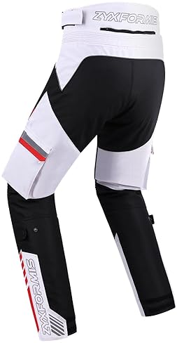 ZYXFORMIS MEN S WATERPROOF WINDPROOF MOTORCYCLE RIDING PANTS WITH REMOVABLE ARMOR ALL SEASON WHITE