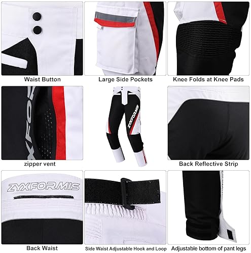 ZYXFORMIS MEN S WATERPROOF WINDPROOF MOTORCYCLE RIDING PANTS WITH REMOVABLE ARMOR ALL SEASON WHITE