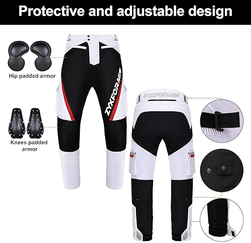 ZYXFORMIS MEN S WATERPROOF WINDPROOF MOTORCYCLE RIDING PANTS WITH REMOVABLE ARMOR ALL SEASON WHITE