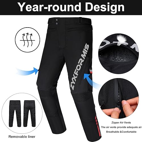 ZYXFORMIS MEN S WATERPROOF WINDPROOF MOTORCYCLE RIDING PANTS WITH REMOVABLE ARMOR ALL SEASON WHITE