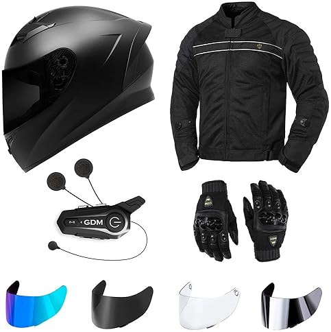 GDM MOTORCYCLE PROTECTIVE GEAR STARTER PACK HELMET, JACKET, GLOVES, SHIELDS BLUETOOTH INTERCOM