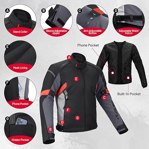 OUMURS MOTORPARTS MEN S WATERPROOF MOTORCYCLE JACKET WITH CE ARMOR, FOAM PADDING BREATHABLE RIDING GEAR