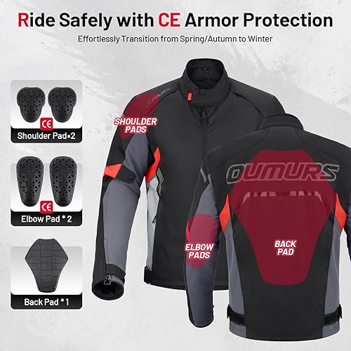 OUMURS MOTORPARTS MEN S WATERPROOF MOTORCYCLE JACKET WITH CE ARMOR, FOAM PADDING BREATHABLE RIDING GEAR