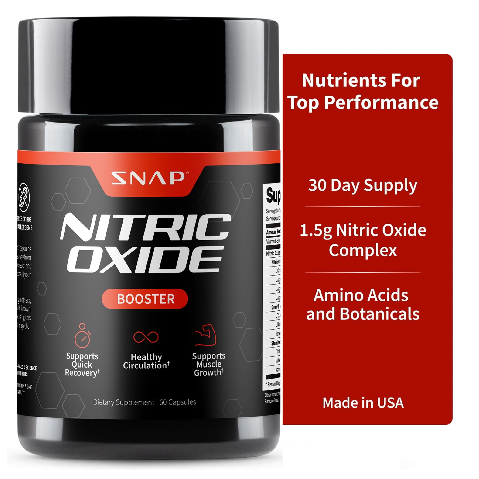 SNAP SUPPLEMENTS NITRIC OXIDE BOOSTER CAPSULES PRE WORKOUT MUSCLE BUILDER SUPPLEMENT, 60 COUNT