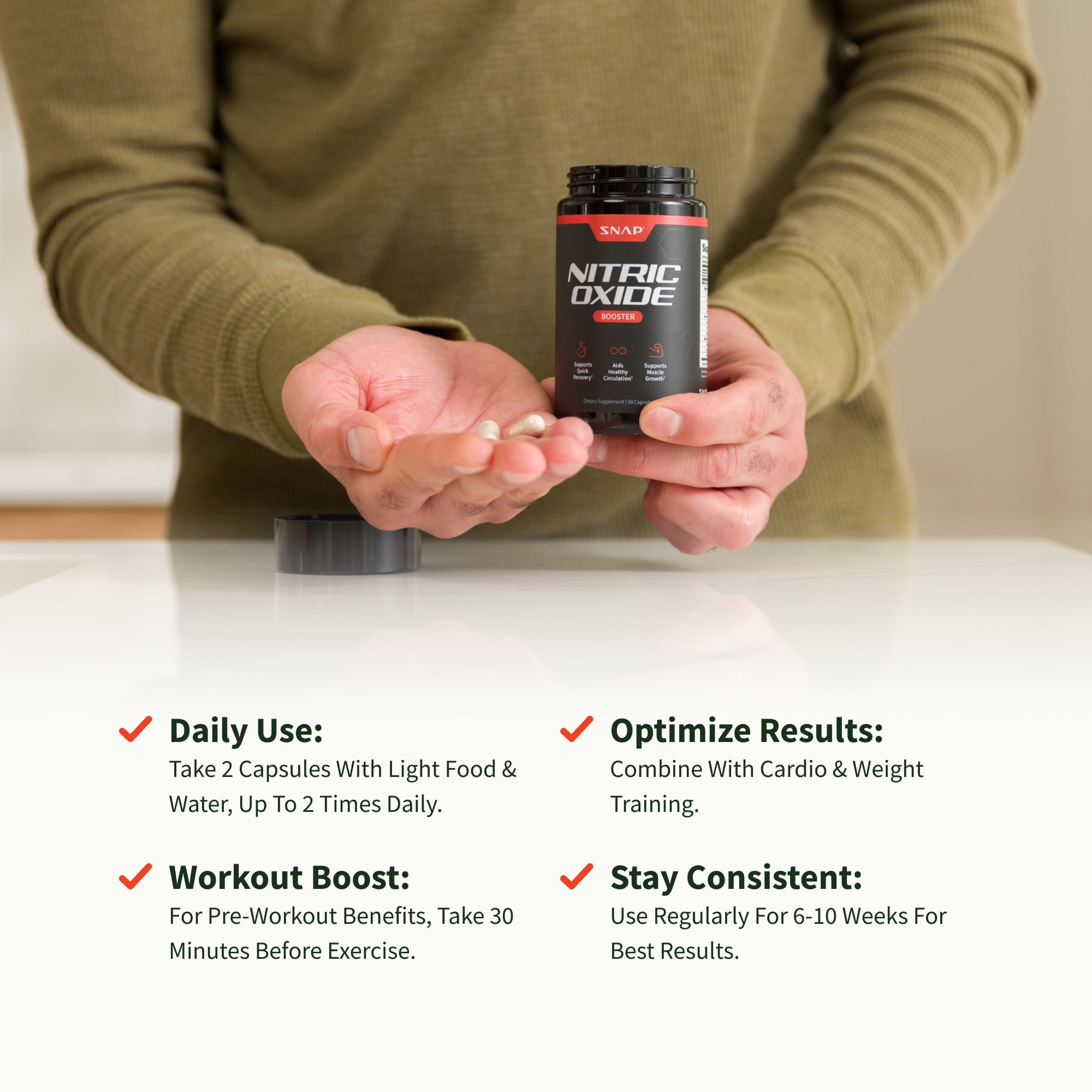 SNAP SUPPLEMENTS NITRIC OXIDE BOOSTER CAPSULES PRE WORKOUT MUSCLE BUILDER SUPPLEMENT, 60 COUNT