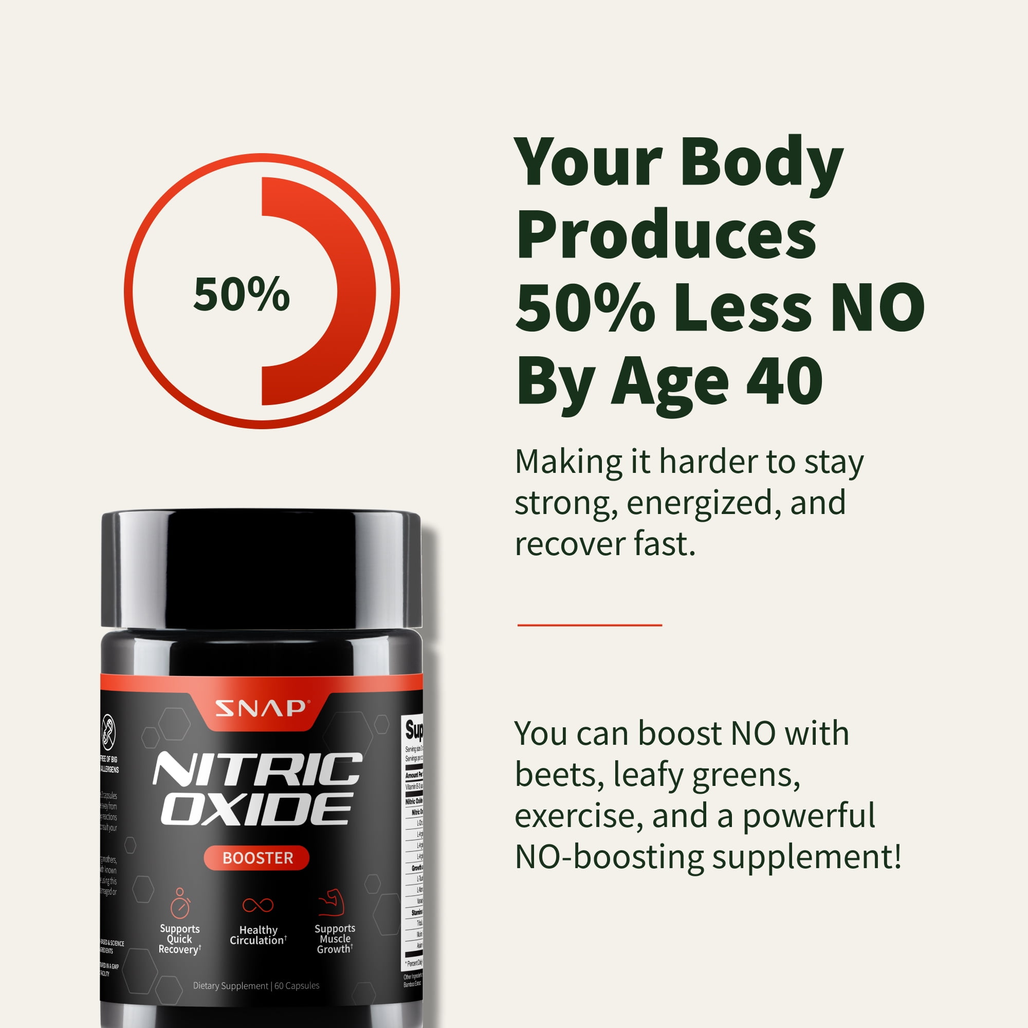 SNAP SUPPLEMENTS NITRIC OXIDE BOOSTER CAPSULES PRE WORKOUT MUSCLE BUILDER SUPPLEMENT, 60 COUNT