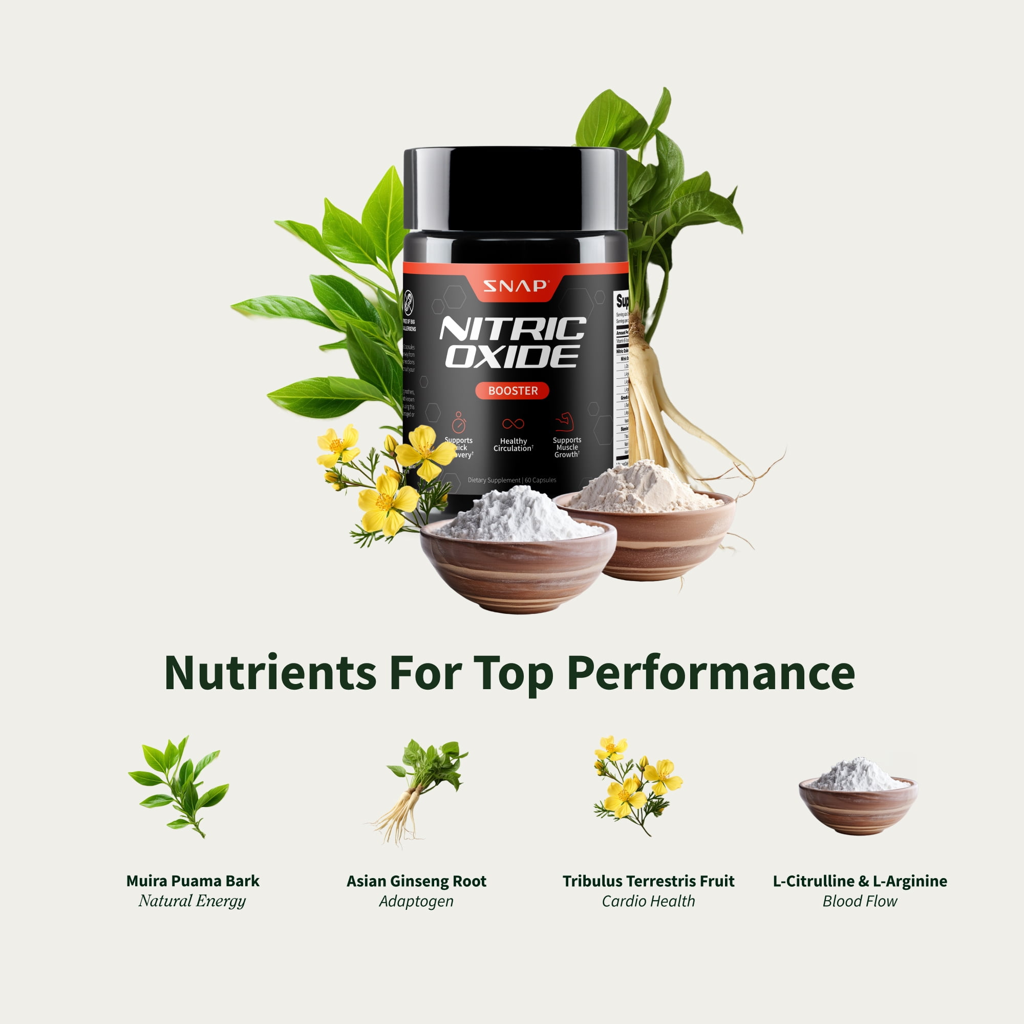 SNAP SUPPLEMENTS NITRIC OXIDE BOOSTER CAPSULES PRE WORKOUT MUSCLE BUILDER SUPPLEMENT, 60 COUNT