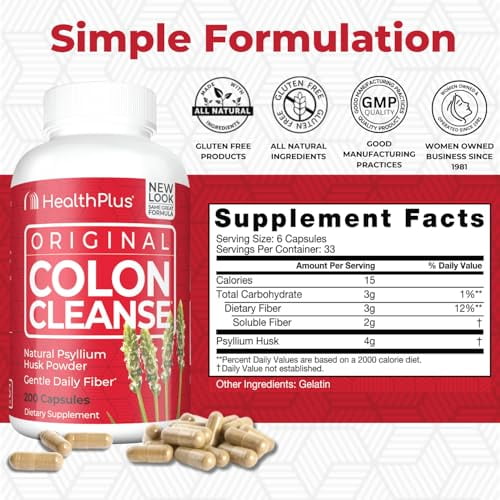 HEALTH PLUS COLON CLEANSE CAPSULES NATURAL PSYLLIUM HUSK FIBER FOR DIGESTIVE HEART HEALTH