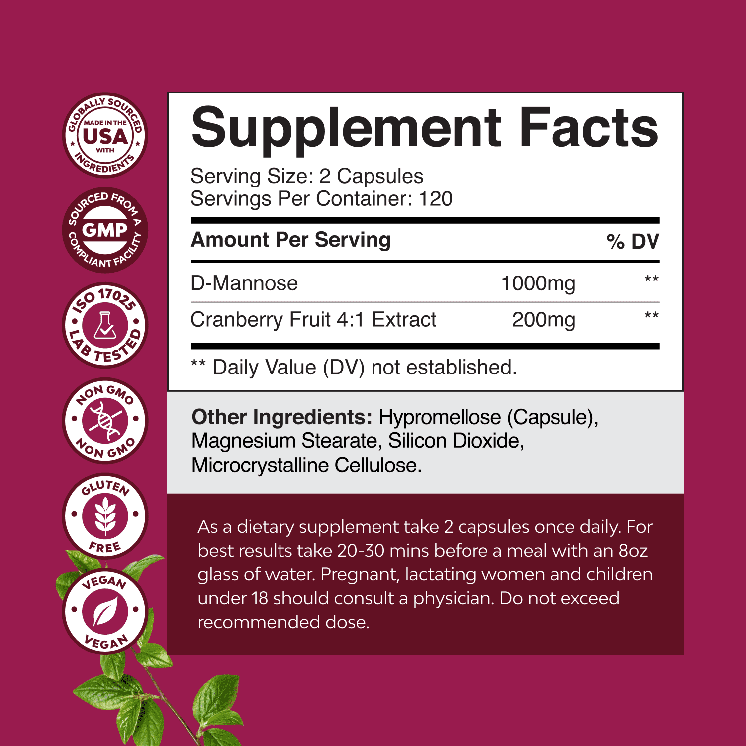 NATURES CRAFT D MANNOSE CRANBERRY CAPSULES FOR URINARY TRACT, KIDNEY LIVER SUPPORT WITH DANDELION EXTRACT