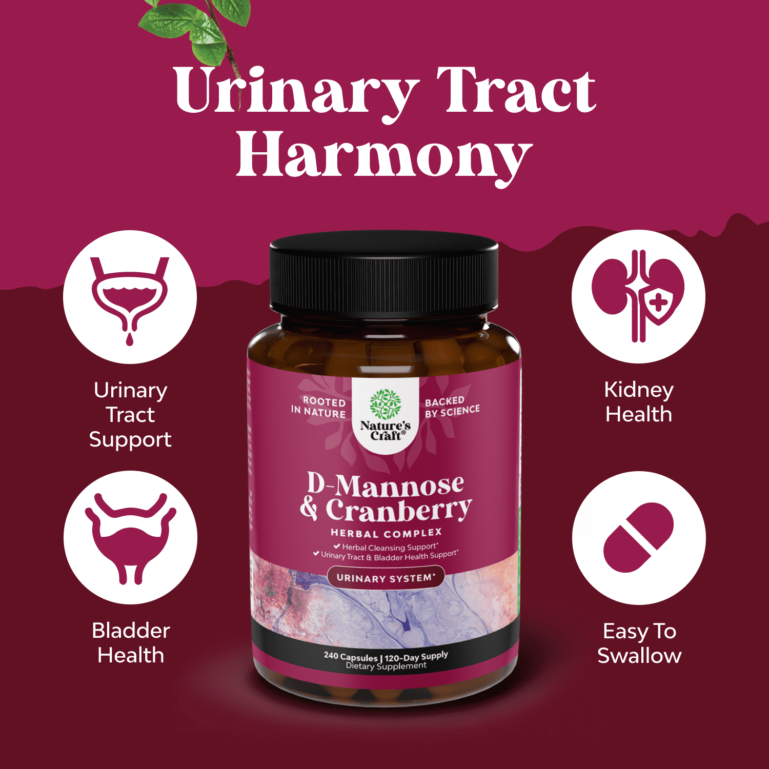 NATURES CRAFT D MANNOSE CRANBERRY CAPSULES FOR URINARY TRACT, KIDNEY LIVER SUPPORT WITH DANDELION EXTRACT