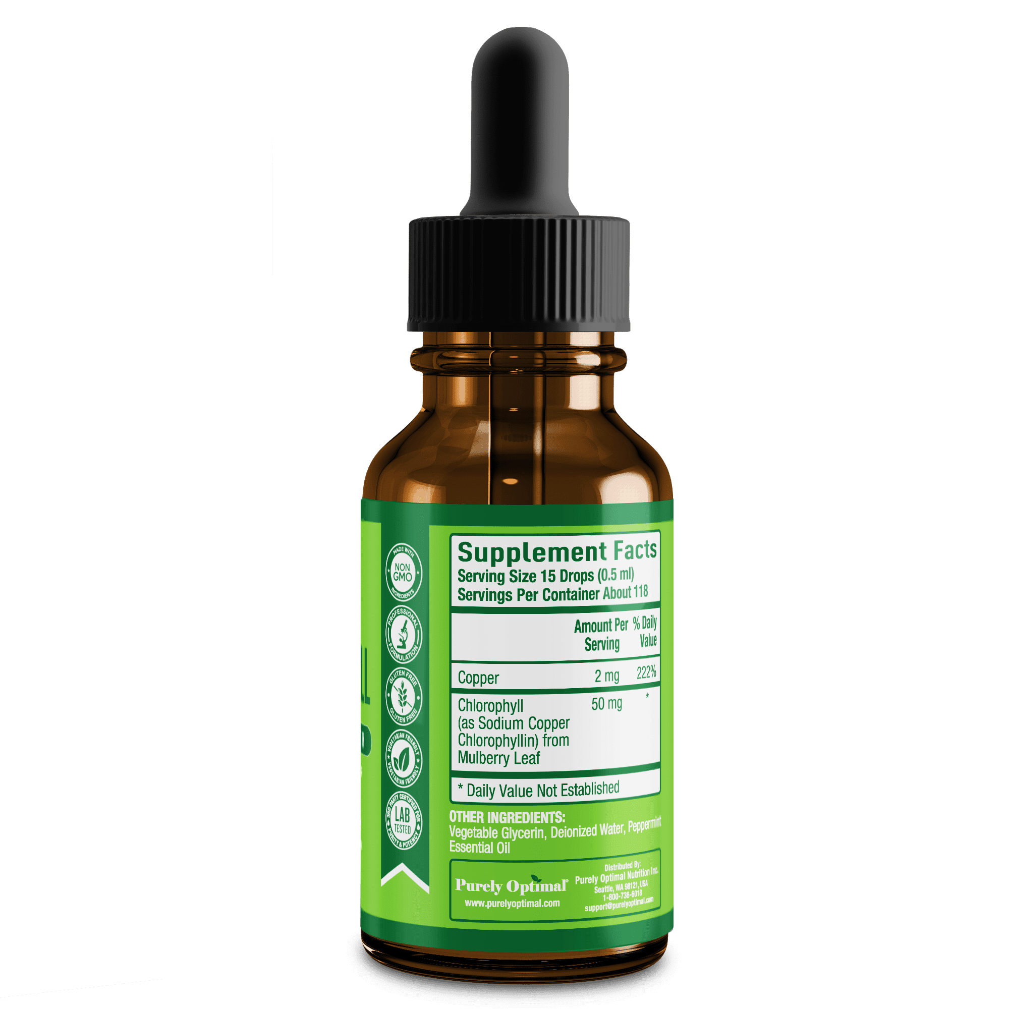 PURELY OPTIMAL LIQUID CHLOROPHYLL DROPS PEPPERMINT FLAVOR, 118 SERVINGS FOR SKIN, ENERGY DETOX