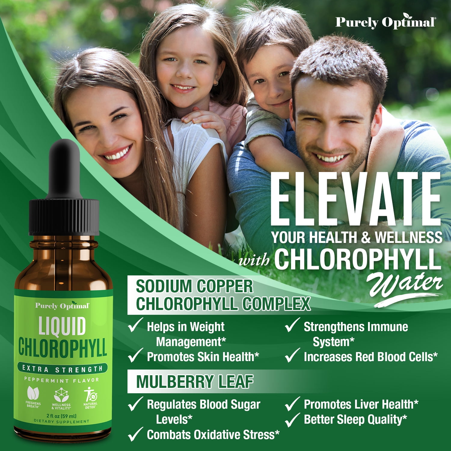 PURELY OPTIMAL LIQUID CHLOROPHYLL DROPS PEPPERMINT FLAVOR, 118 SERVINGS FOR SKIN, ENERGY DETOX