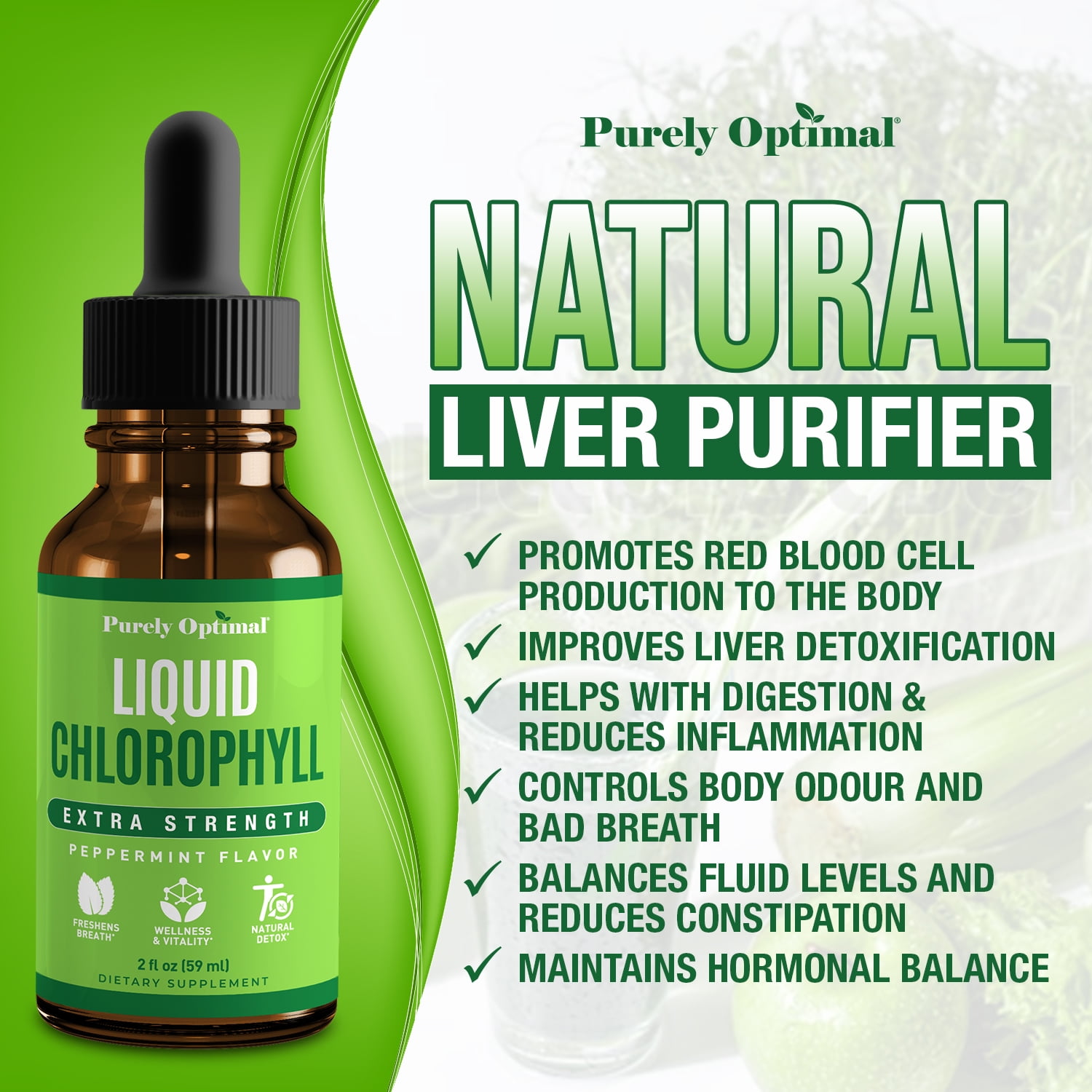 PURELY OPTIMAL LIQUID CHLOROPHYLL DROPS PEPPERMINT FLAVOR, 118 SERVINGS FOR SKIN, ENERGY DETOX