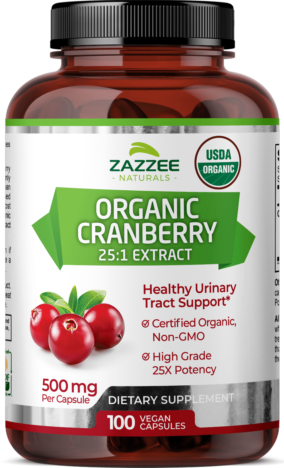 ZAZZEE NATURALS ORGANIC CRANBERRY EXTRACT 25 1, 12,500MG, 100 VEGAN CAPSULES, UTI SUPPORT