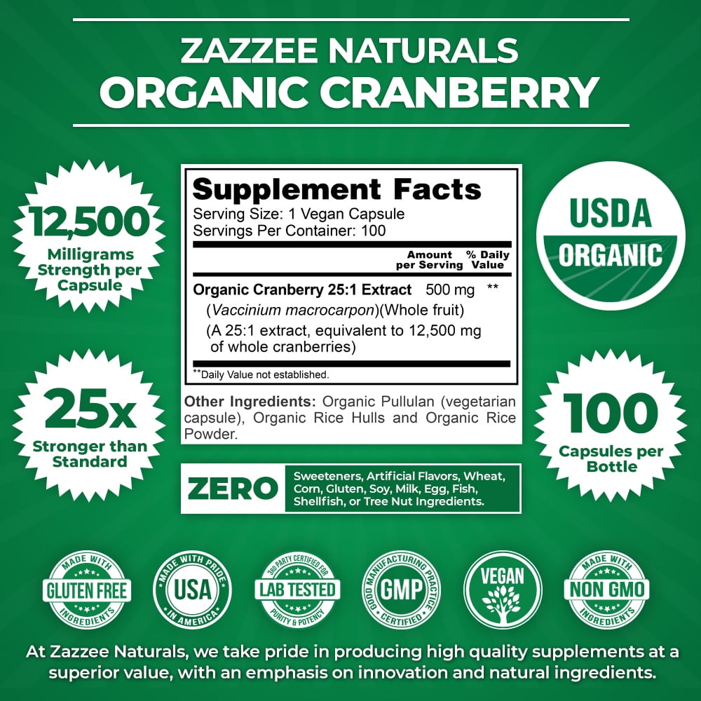 ZAZZEE NATURALS ORGANIC CRANBERRY EXTRACT 25 1, 12,500MG, 100 VEGAN CAPSULES, UTI SUPPORT