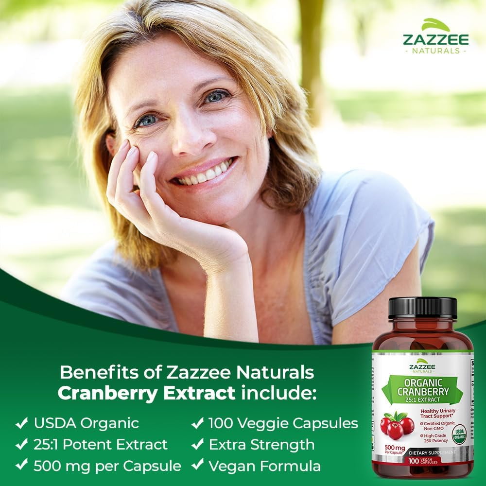 ZAZZEE NATURALS ORGANIC CRANBERRY EXTRACT 25 1, 12,500MG, 100 VEGAN CAPSULES, UTI SUPPORT