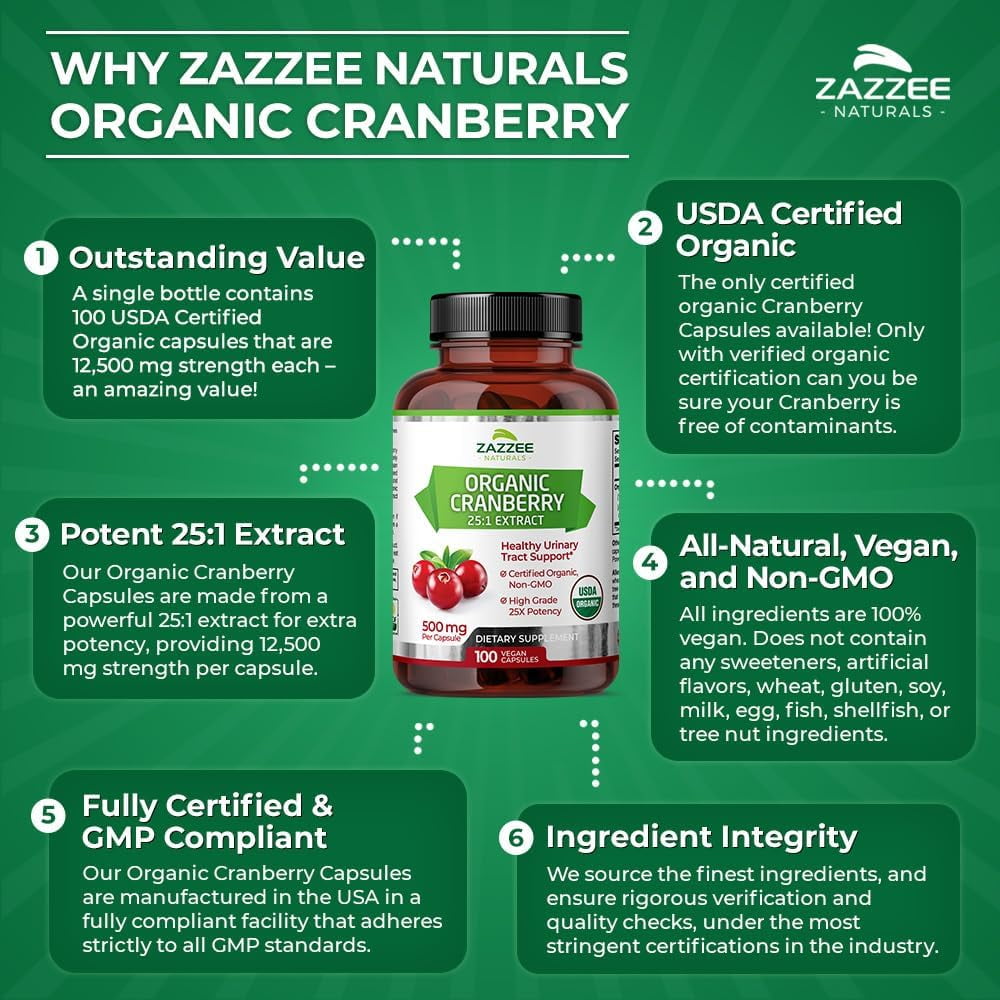 ZAZZEE NATURALS ORGANIC CRANBERRY EXTRACT 25 1, 12,500MG, 100 VEGAN CAPSULES, UTI SUPPORT