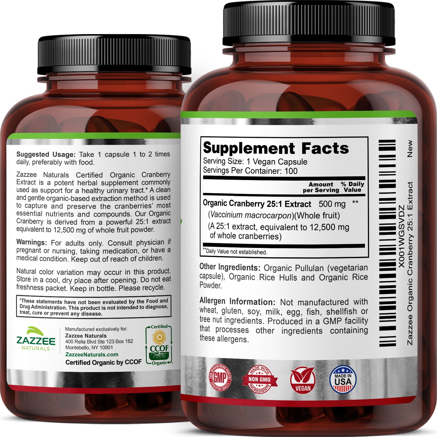 ZAZZEE NATURALS ORGANIC CRANBERRY EXTRACT 25 1, 12,500MG, 100 VEGAN CAPSULES, UTI SUPPORT