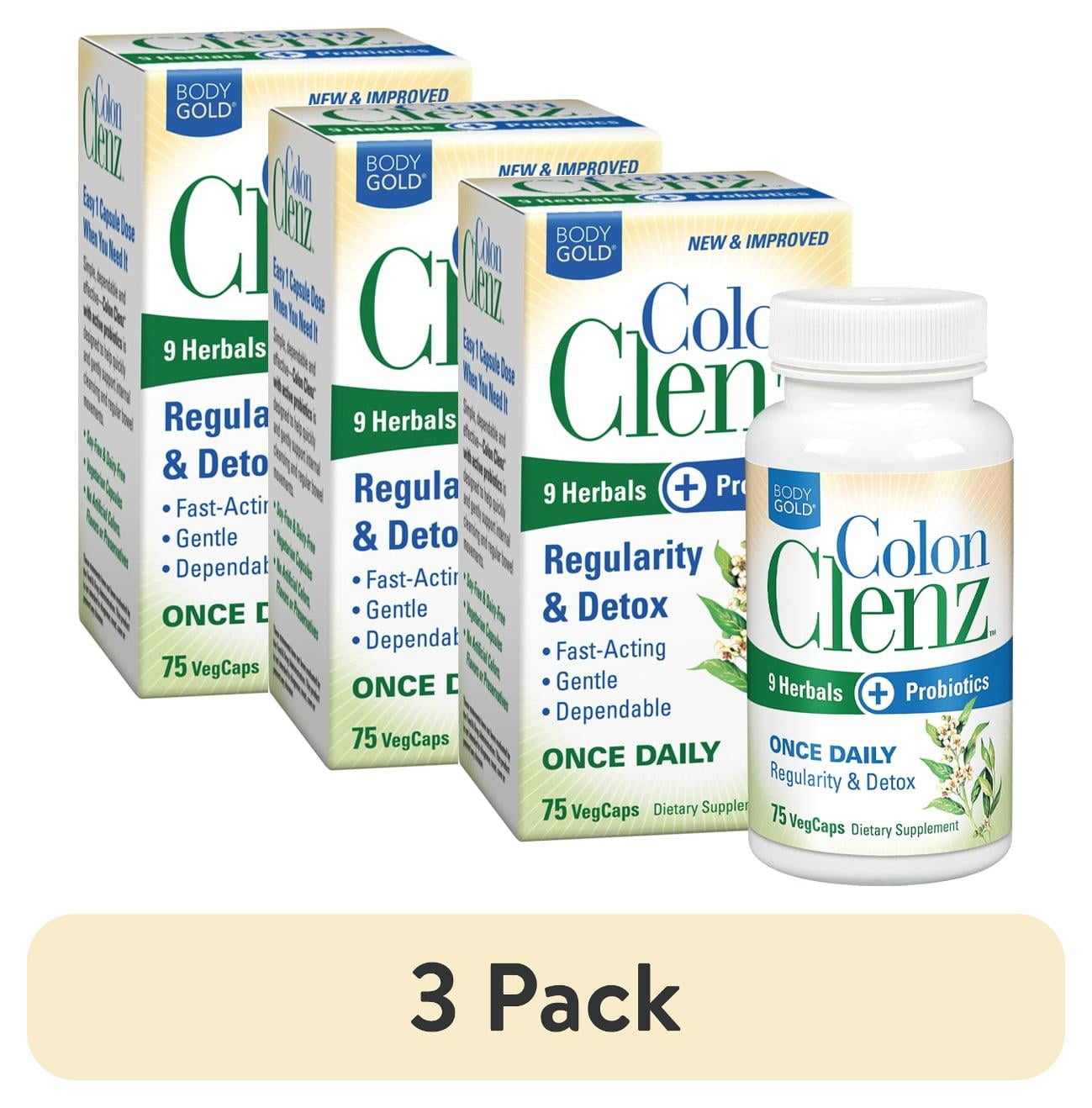 BODYGOLD COLON CLENZ 3-PACK DAILY DETOX REGULARITY SUPPORT WITH 9 HERBS PROBIOTICS, 75 CT