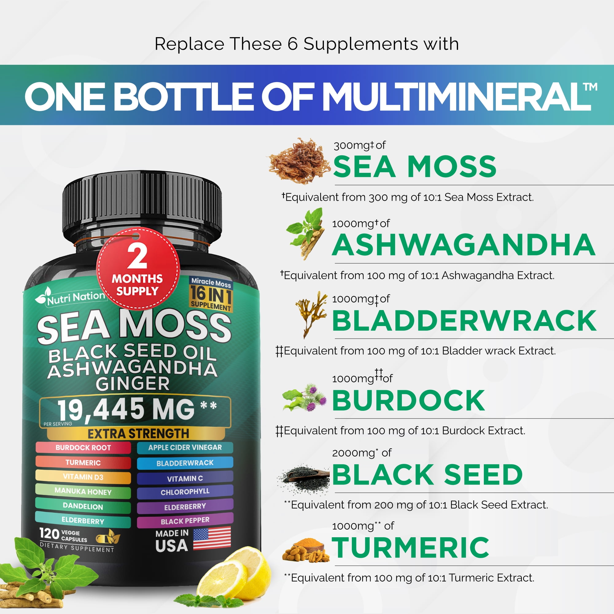 NUTRI NATION 16-IN-1 SEA MOSS SUPPLEMENT WITH BLACK SEED OIL, ASHWAGANDHA BURDOCK ROOT, 240 CT