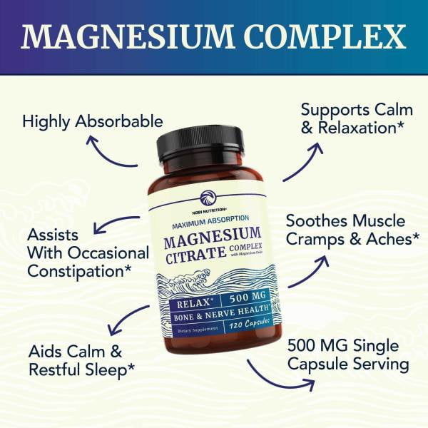 NOBI NUTRITION MAGNESIUM CITRATE 500MG SUPPORTS CALM, DIGESTION CONSTIPATION HIGH ABSORPTION, 120 CT