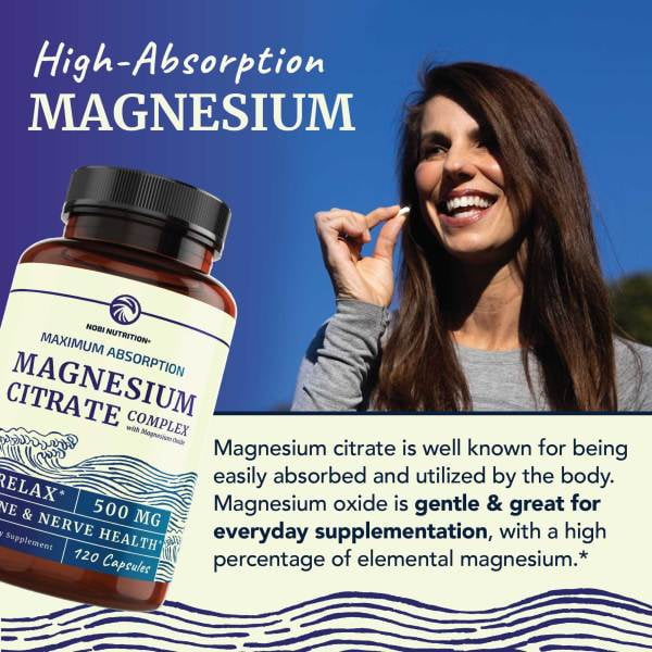 NOBI NUTRITION MAGNESIUM CITRATE 500MG SUPPORTS CALM, DIGESTION CONSTIPATION HIGH ABSORPTION, 120 CT