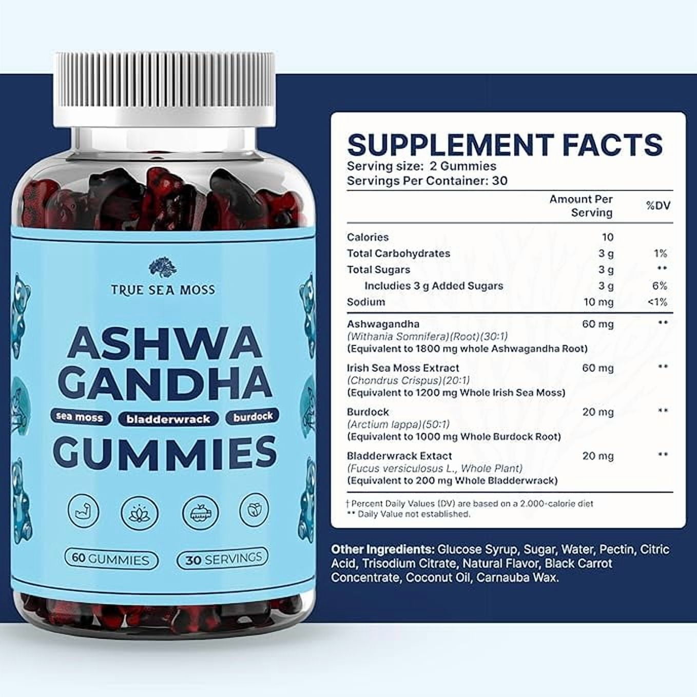 TRUESEAMOSS VEGAN SEA MOSS GUMMIES WITH ASHWAGANDHA, BURDOCK BLADDERWRACK 60 LOW-SUGAR NON-GMO