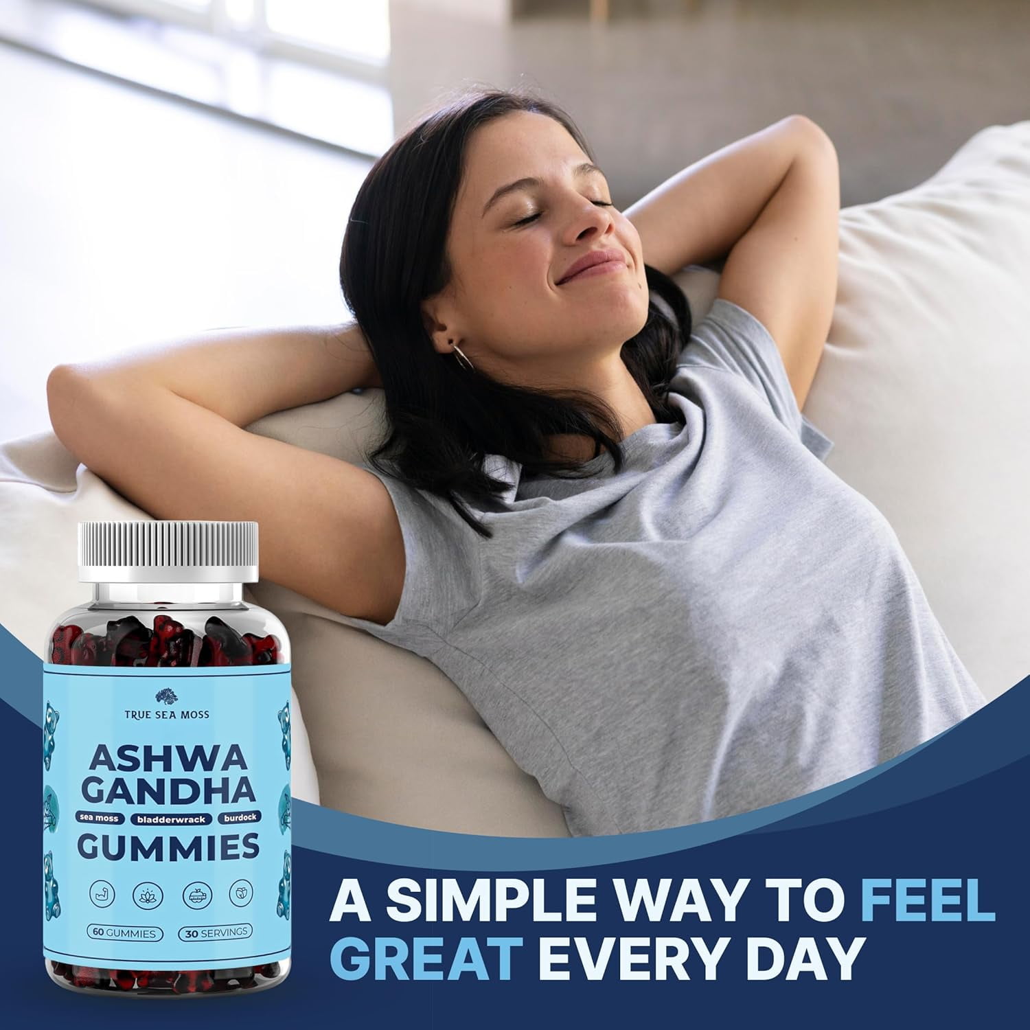 TRUESEAMOSS VEGAN SEA MOSS GUMMIES WITH ASHWAGANDHA, BURDOCK BLADDERWRACK 60 LOW-SUGAR NON-GMO