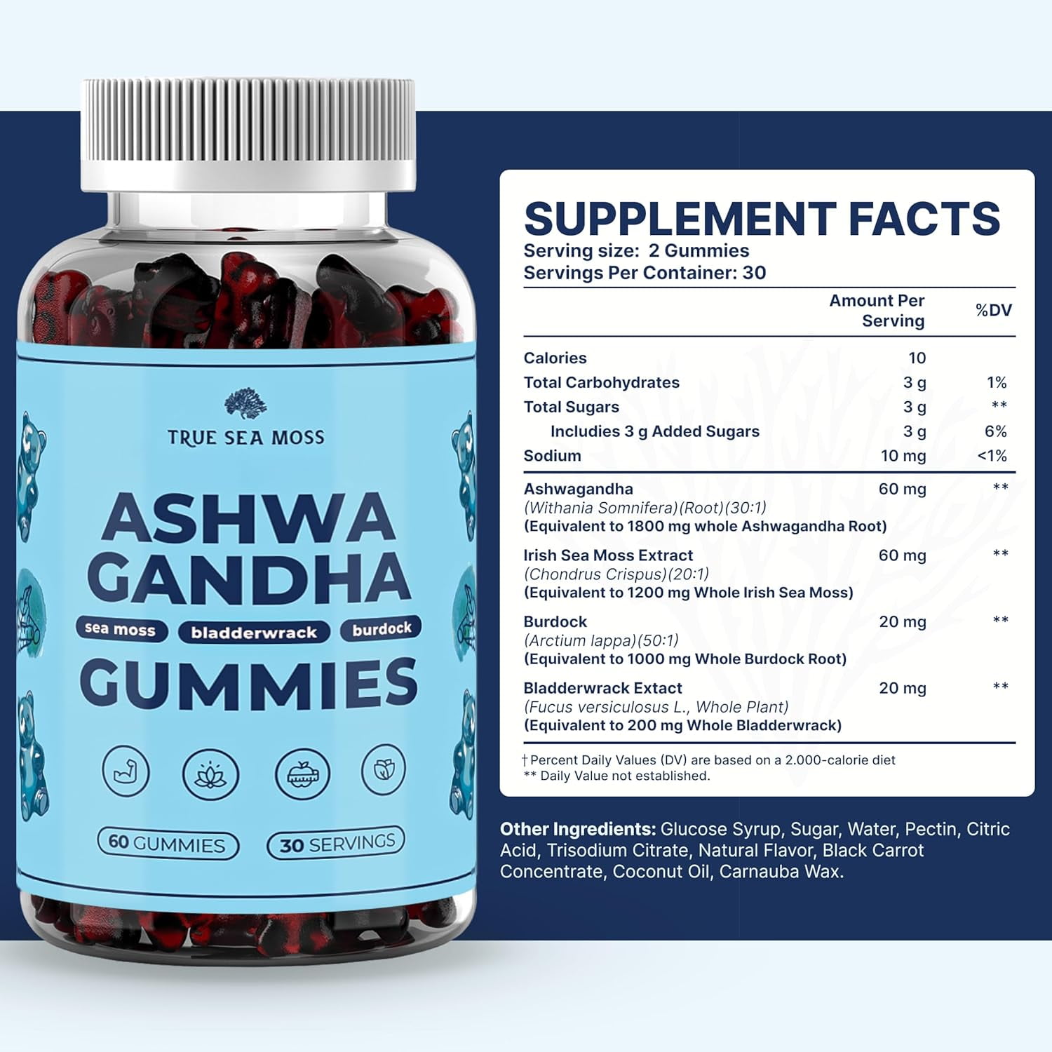 TRUESEAMOSS VEGAN SEA MOSS GUMMIES WITH ASHWAGANDHA, BURDOCK BLADDERWRACK 60 LOW-SUGAR NON-GMO