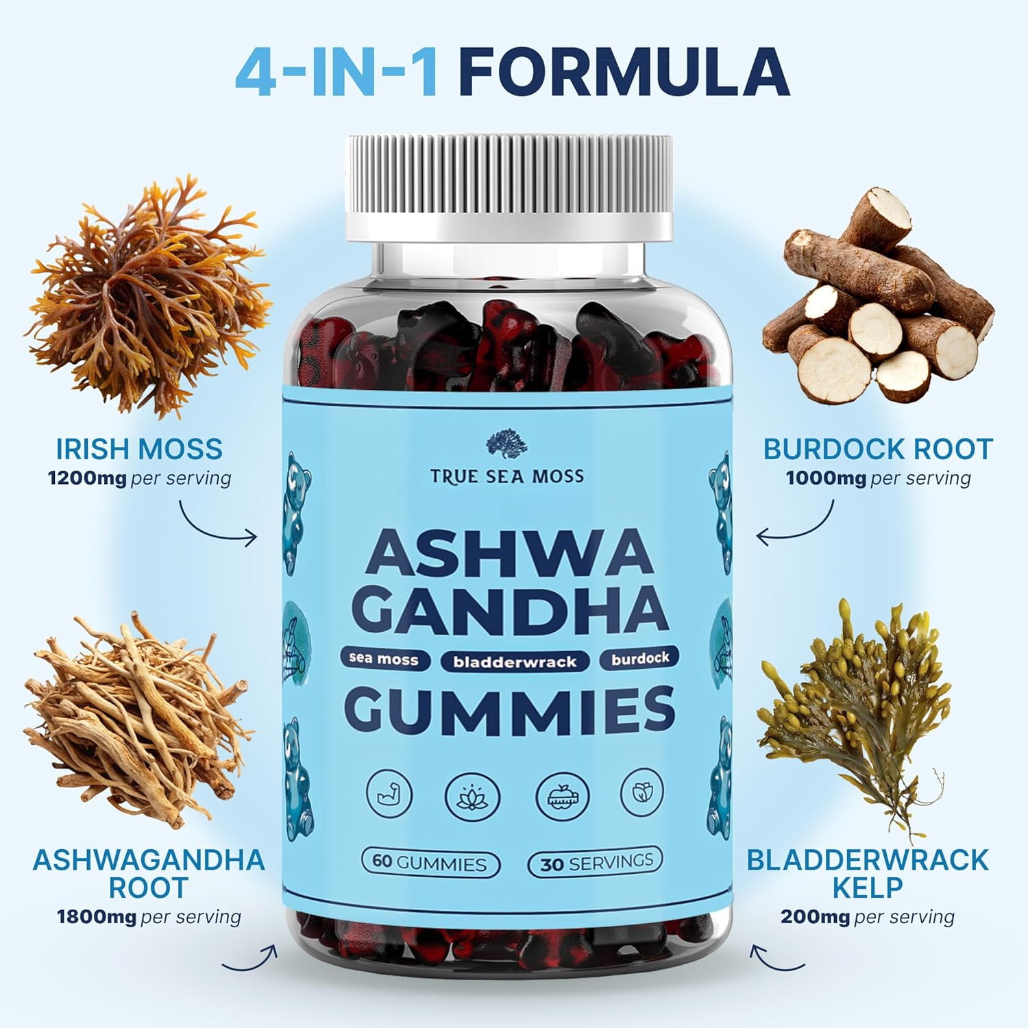 TRUESEAMOSS VEGAN SEA MOSS GUMMIES WITH ASHWAGANDHA, BURDOCK BLADDERWRACK 60 LOW-SUGAR NON-GMO