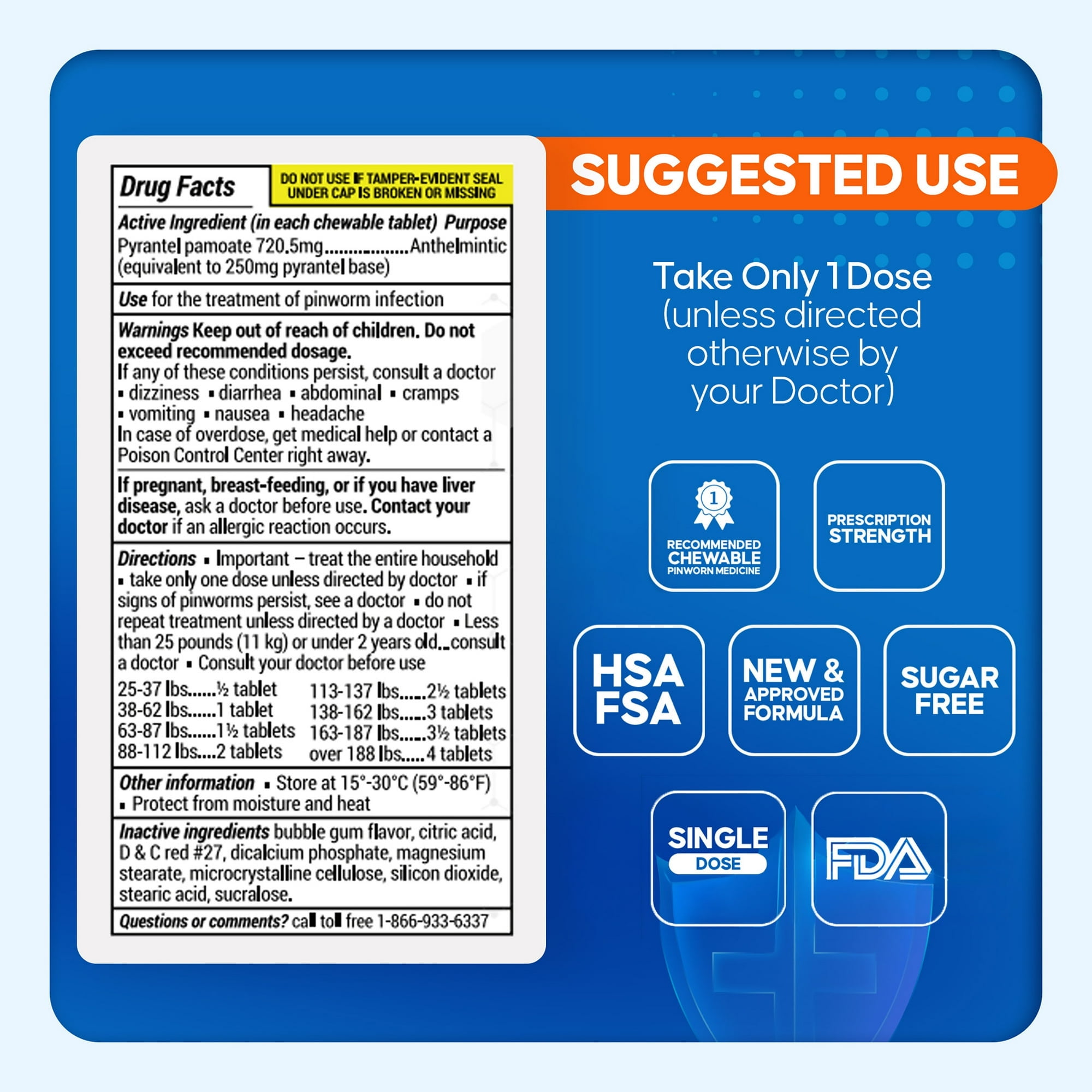PIN RID PINWORM DEWORMER CHEWABLE TABLETS 250MG PYRANTEL PAMOATE, 12 COUNT FOR ADULTS KIDS