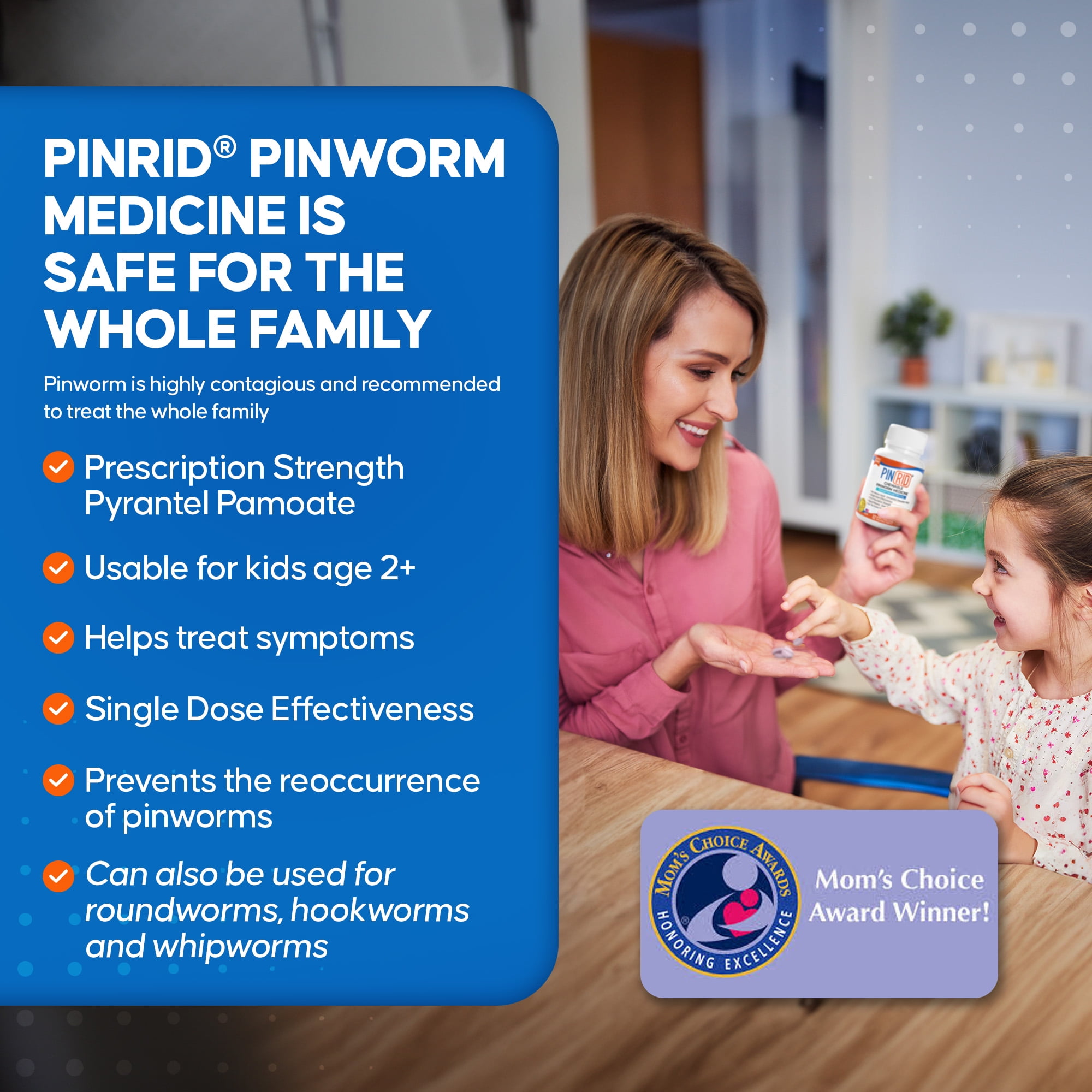 PIN RID PINWORM DEWORMER CHEWABLE TABLETS 250MG PYRANTEL PAMOATE, 12 COUNT FOR ADULTS KIDS