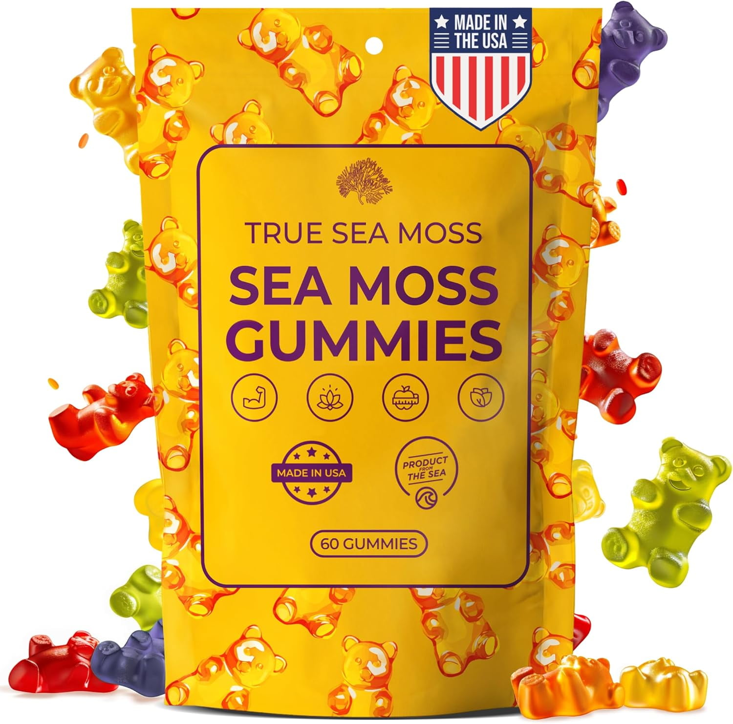 TRUE SEA MOSS GUMMIES WITH IRISH SEA MOSS BURDOCK ROOT THYROID IMMUNE SUPPORT, 60CT