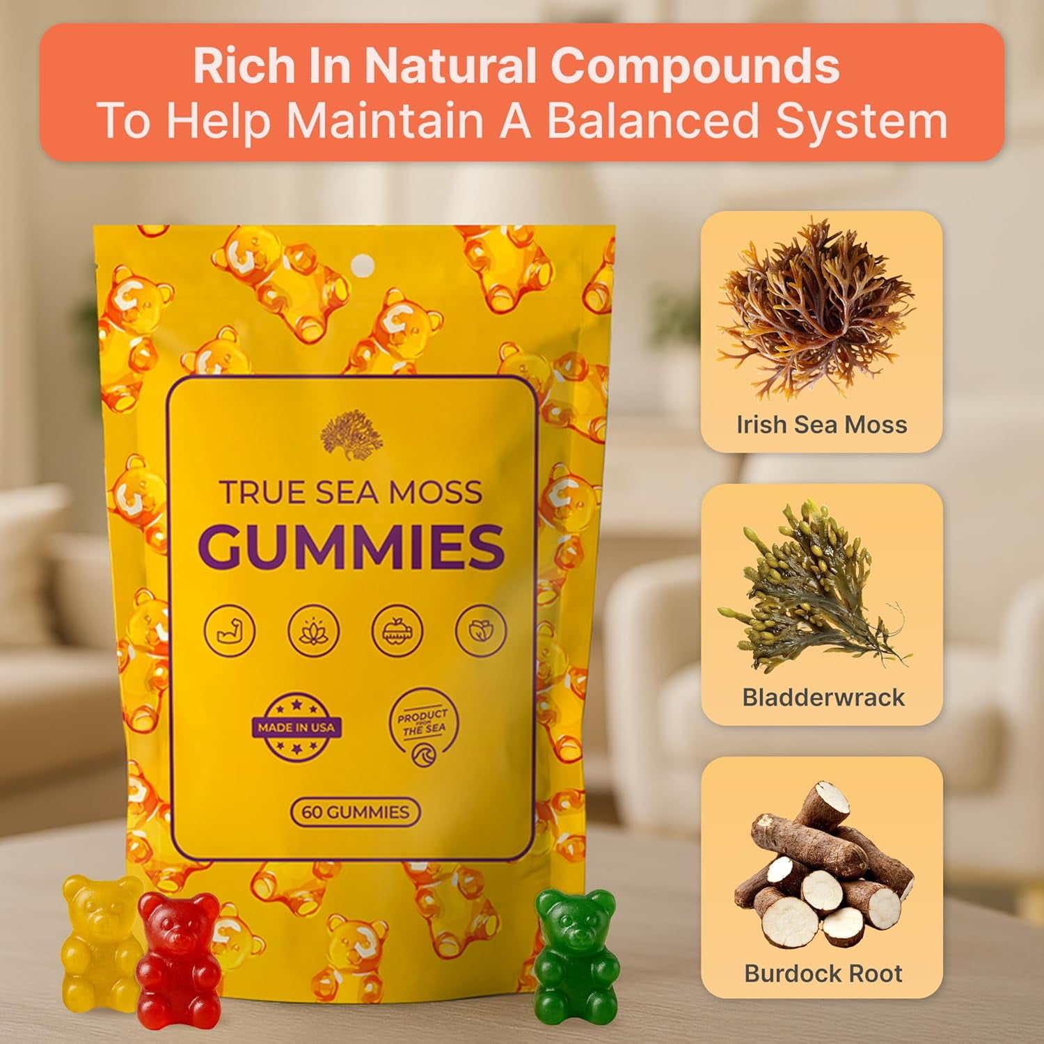 TRUE SEA MOSS GUMMIES WITH IRISH SEA MOSS BURDOCK ROOT THYROID IMMUNE SUPPORT, 60CT