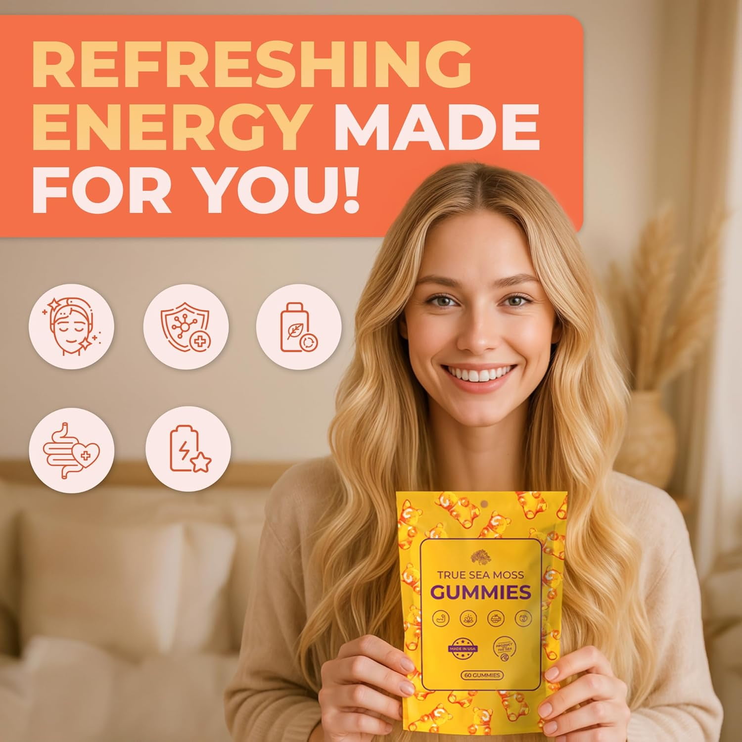 TRUE SEA MOSS GUMMIES WITH IRISH SEA MOSS BURDOCK ROOT THYROID IMMUNE SUPPORT, 60CT