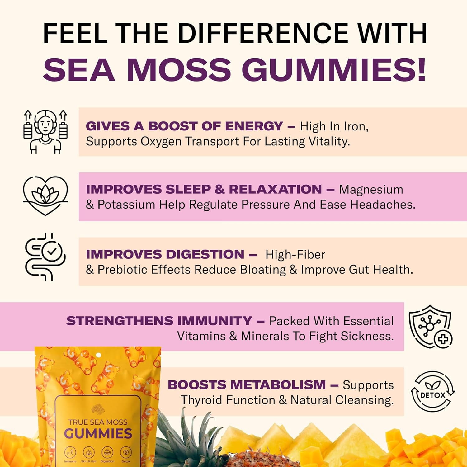 TRUE SEA MOSS GUMMIES WITH IRISH SEA MOSS BURDOCK ROOT THYROID IMMUNE SUPPORT, 60CT