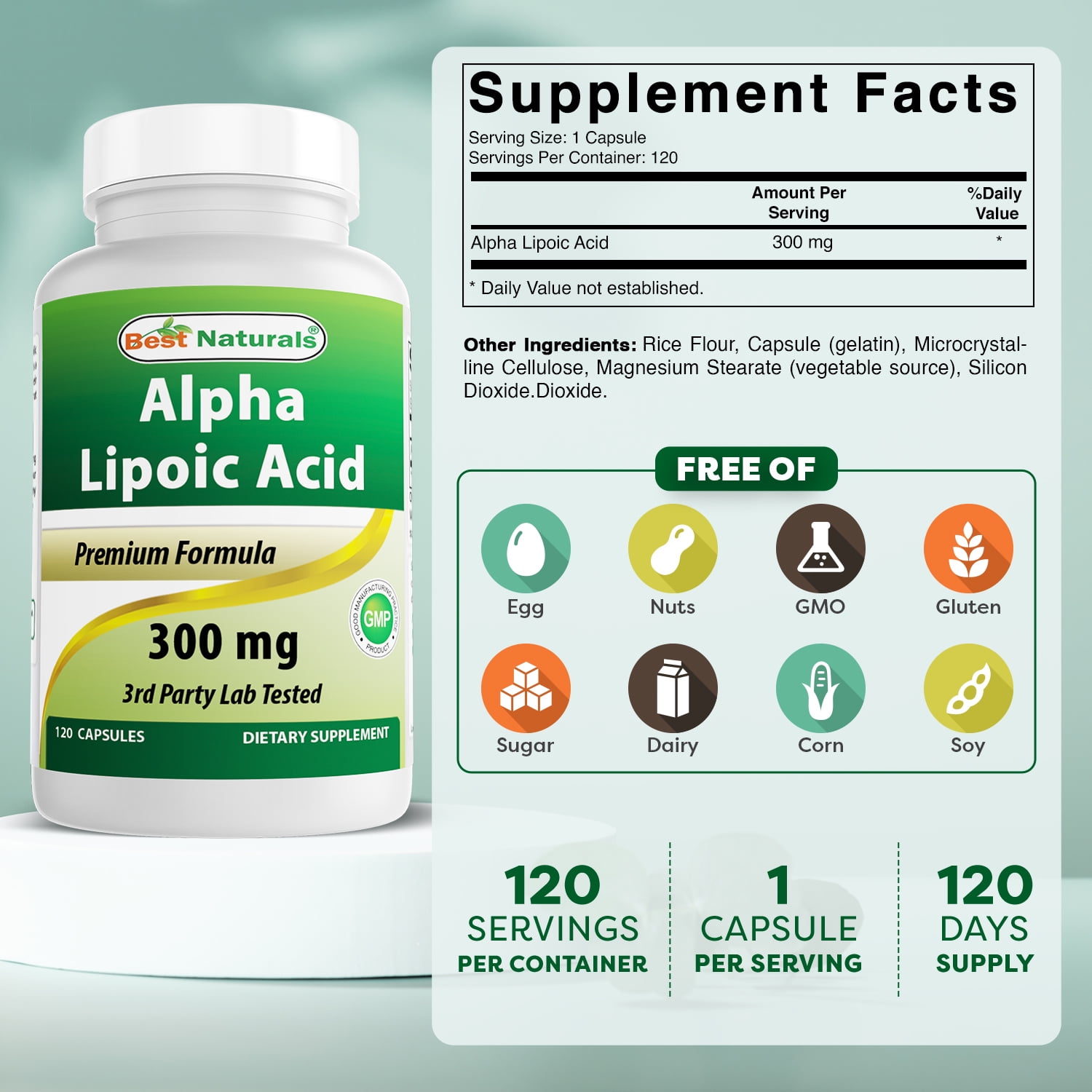 BEST NATURALS ALPHA LIPOIC ACID 300 MG ANTIOXIDANT SUPPORT, 120 CAPSULES SUPPLEMENT