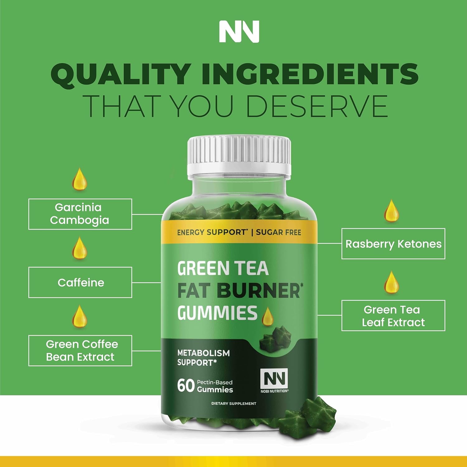 NOBI NUTRITION GREEN TEA FAT BURNER GUMMIES METABOLISM SUPPORT, 60 COUNT, WEIGHT LOSS AID