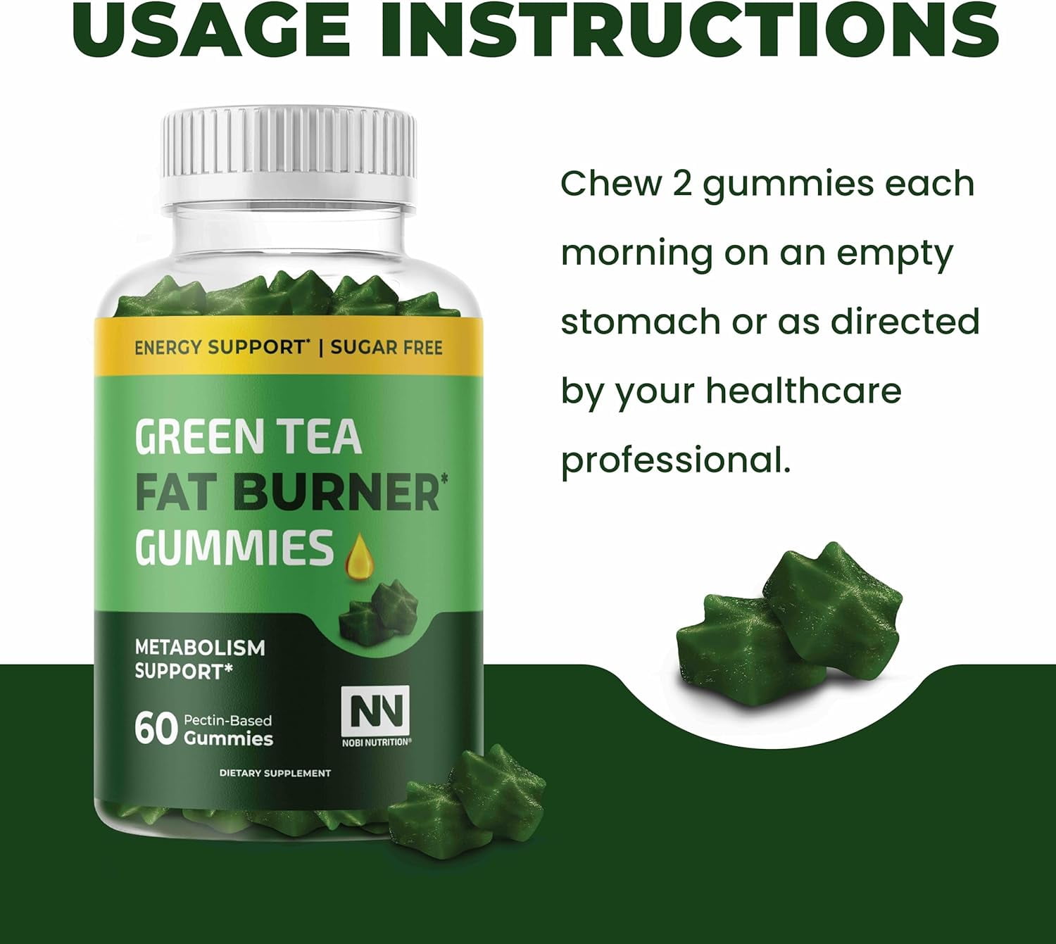 NOBI NUTRITION GREEN TEA FAT BURNER GUMMIES METABOLISM SUPPORT, 60 COUNT, WEIGHT LOSS AID