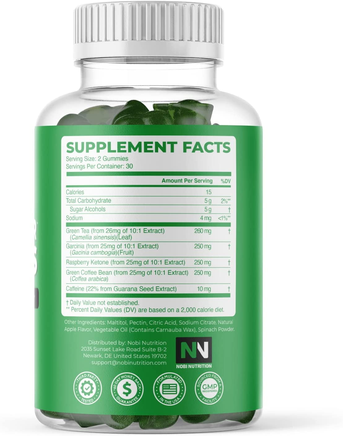 NOBI NUTRITION GREEN TEA FAT BURNER GUMMIES METABOLISM SUPPORT, 60 COUNT, WEIGHT LOSS AID