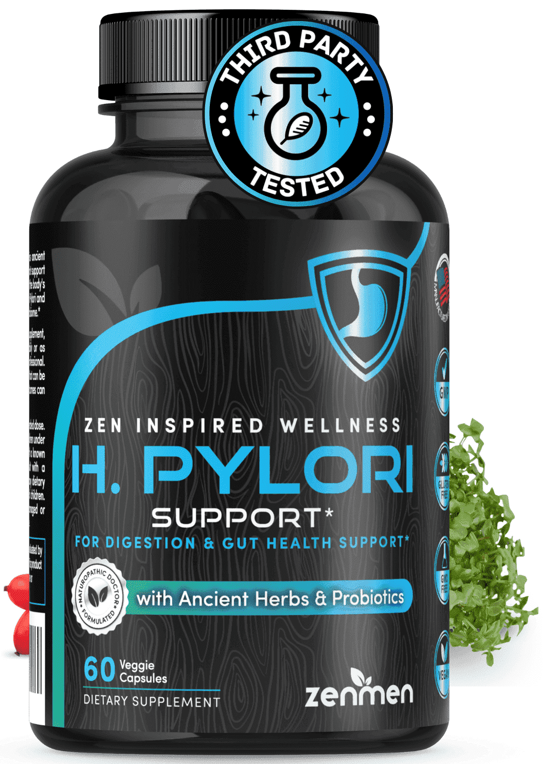 ZENMEN HERBAL GUT H. PYLORI SUPPORT WITH ZINC, 60 VEGAN CAPSULES, SUGAR-FREE, USA MADE