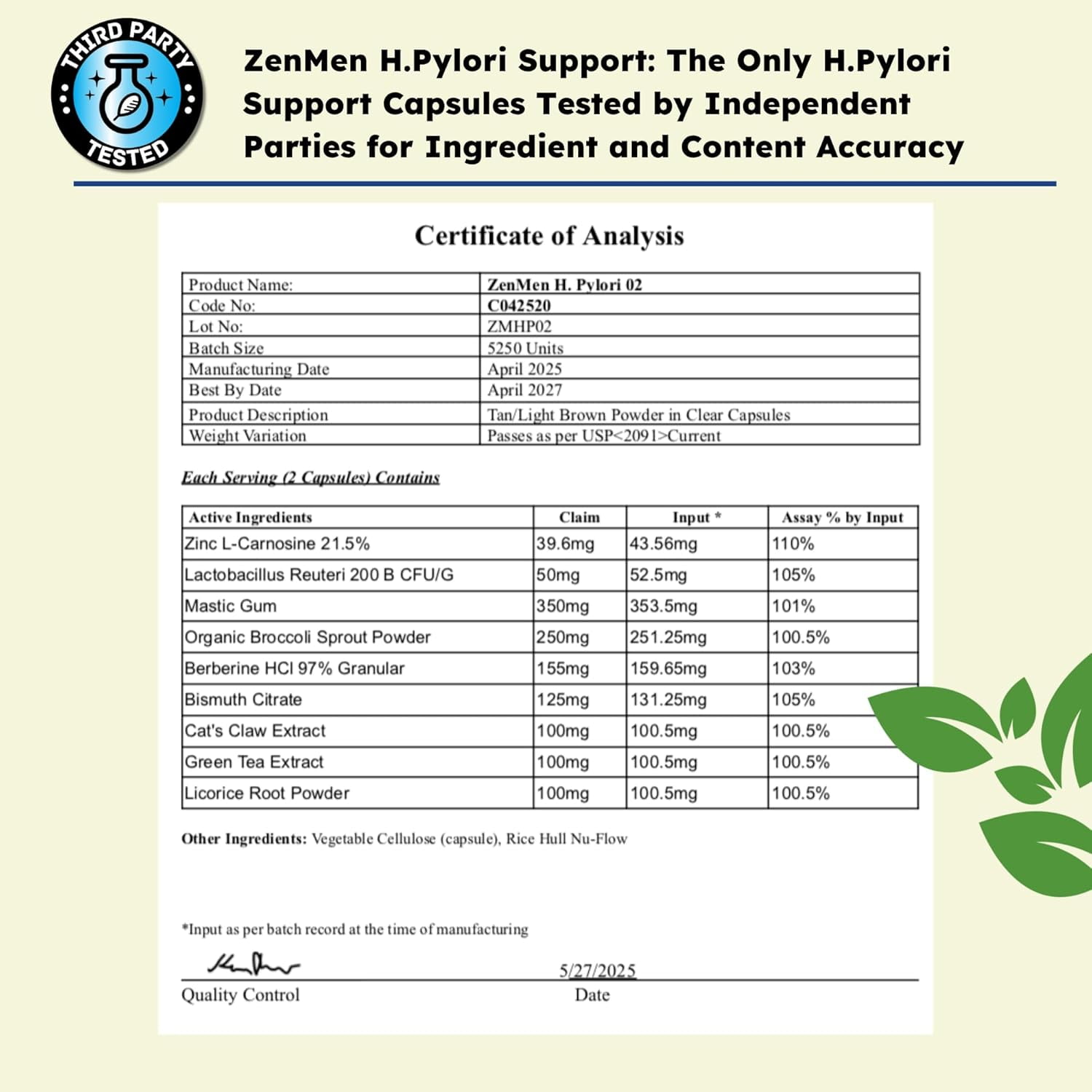 ZENMEN HERBAL GUT H. PYLORI SUPPORT WITH ZINC, 60 VEGAN CAPSULES, SUGAR-FREE, USA MADE