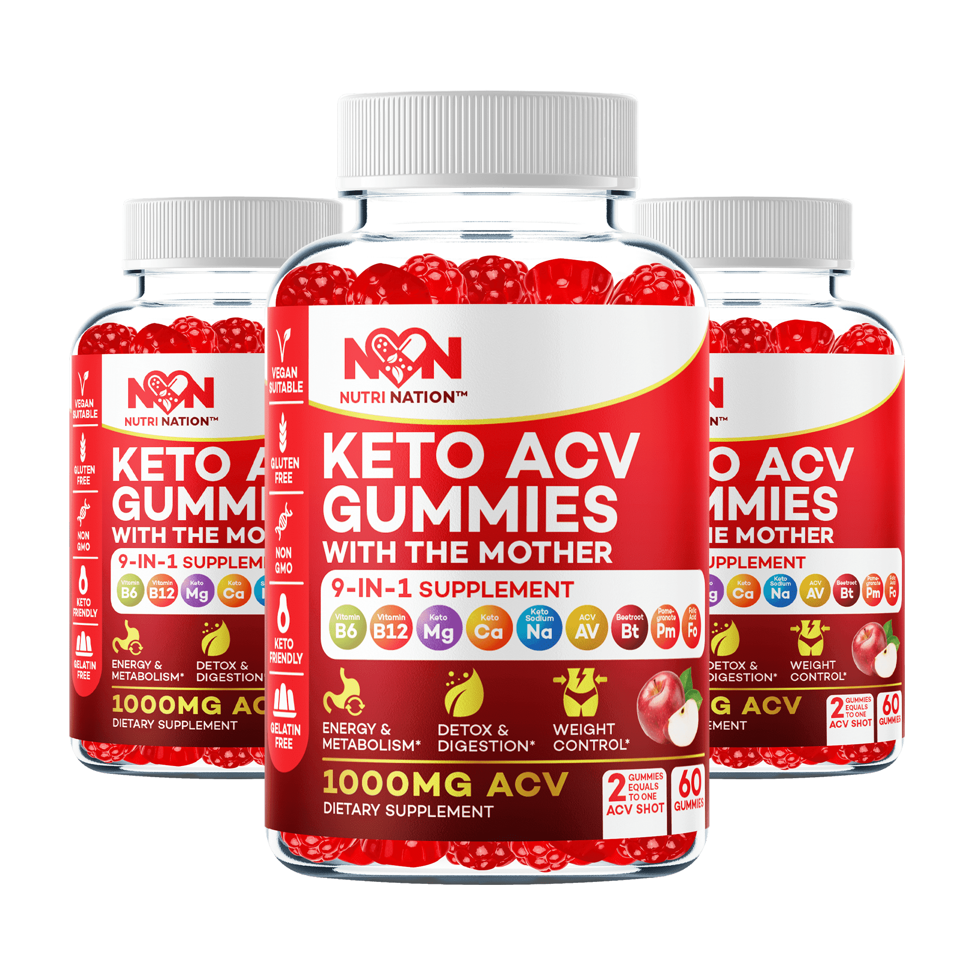 NUTRI NATION KETO ACV GUMMIES 1000MG WITH BHB SALTS 180 COUNT 3 BOTTLES