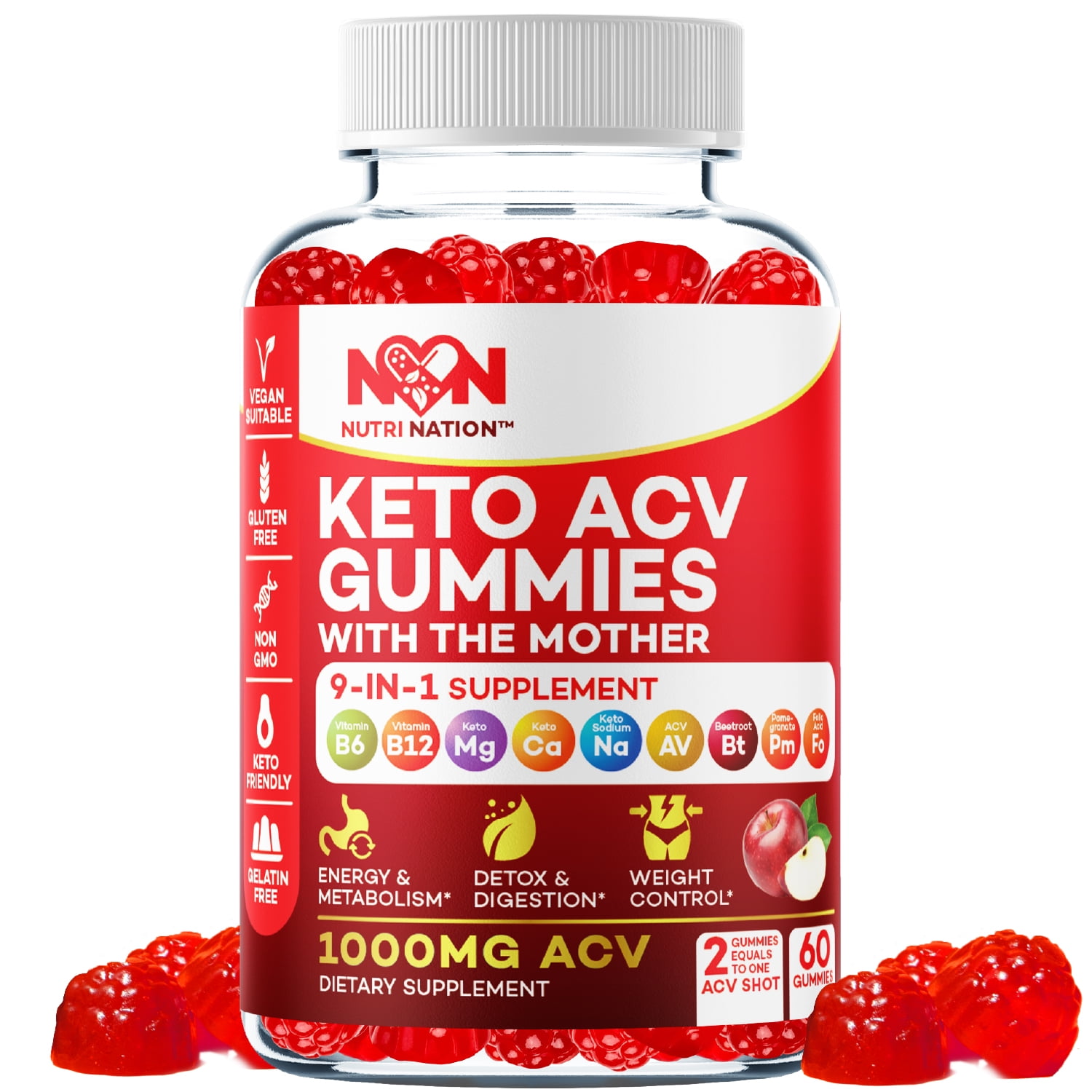 NUTRI NATION KETO ACV GUMMIES 1000MG WITH BHB SALTS 180 COUNT 3 BOTTLES