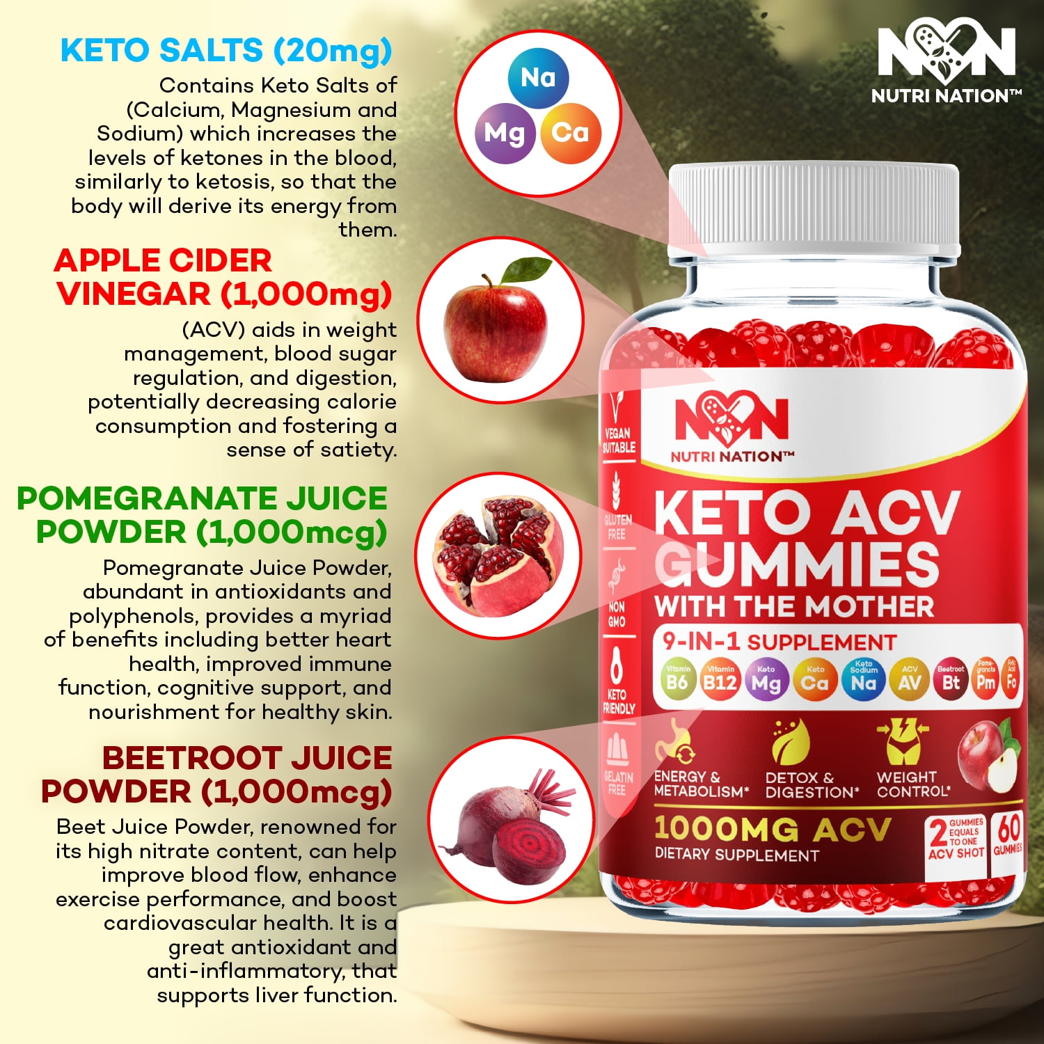 NUTRI NATION KETO ACV GUMMIES 1000MG WITH BHB SALTS 180 COUNT 3 BOTTLES