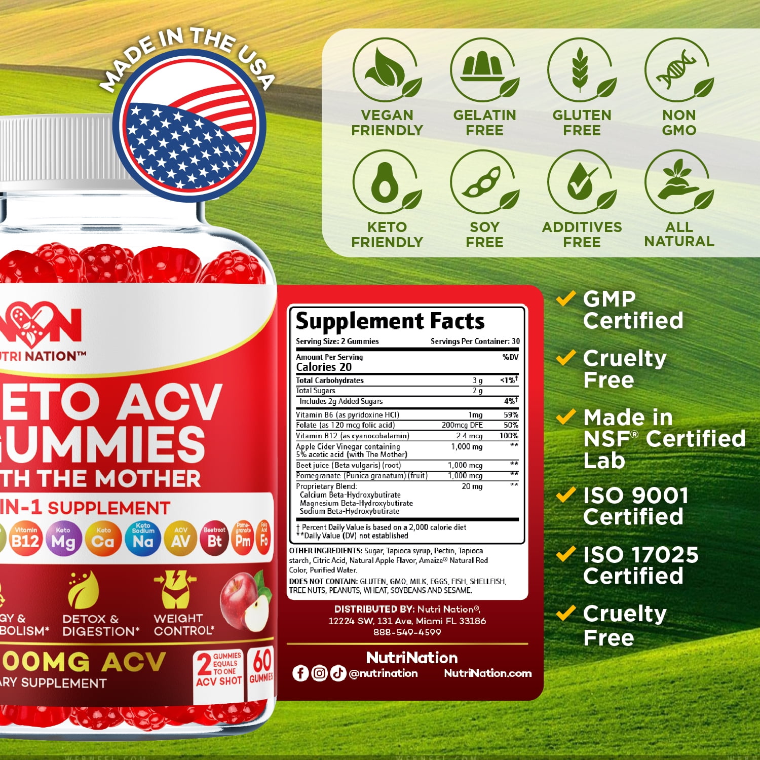NUTRI NATION KETO ACV GUMMIES 1000MG WITH BHB SALTS 180 COUNT 3 BOTTLES