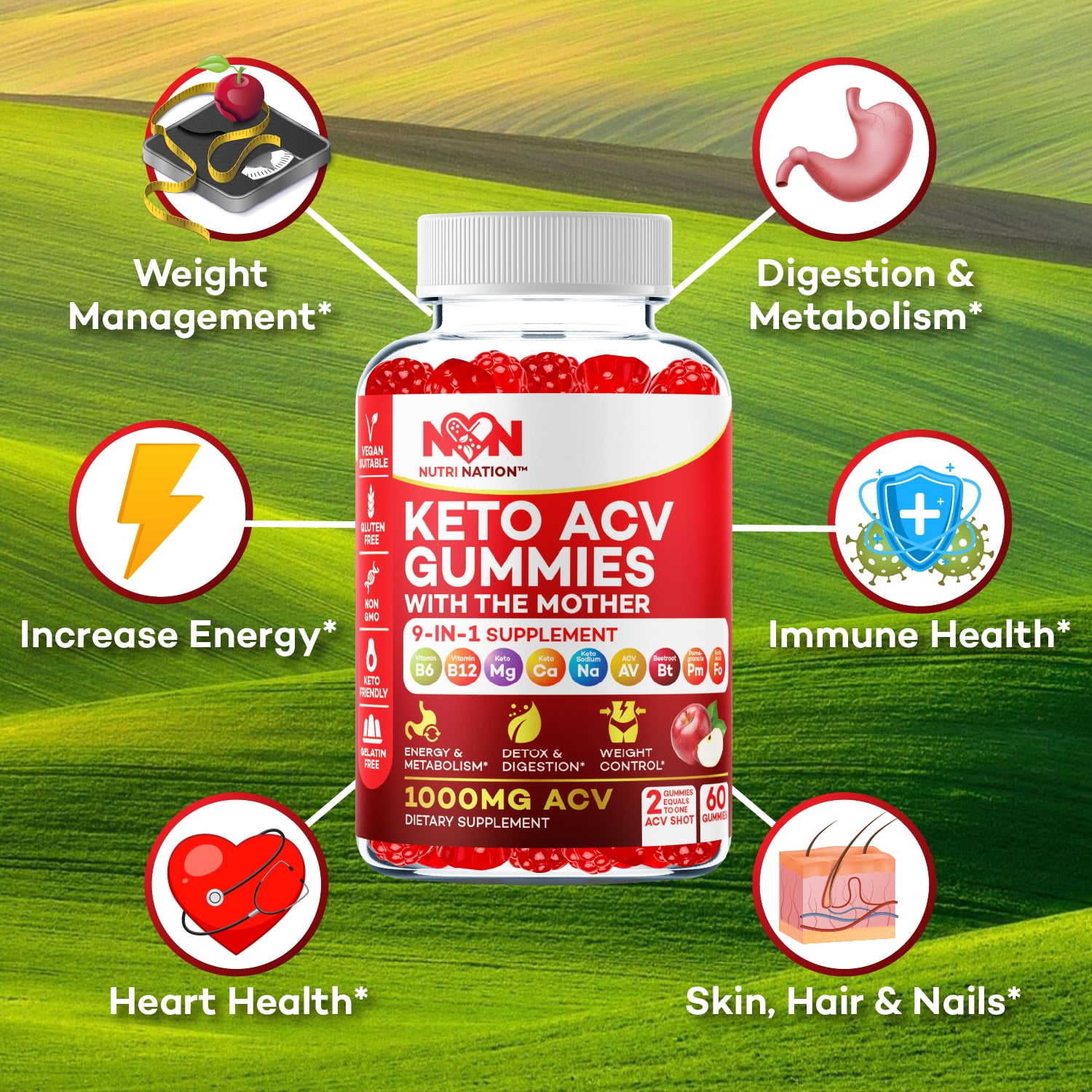 NUTRI NATION KETO ACV GUMMIES 1000MG WITH BHB SALTS 180 COUNT 3 BOTTLES