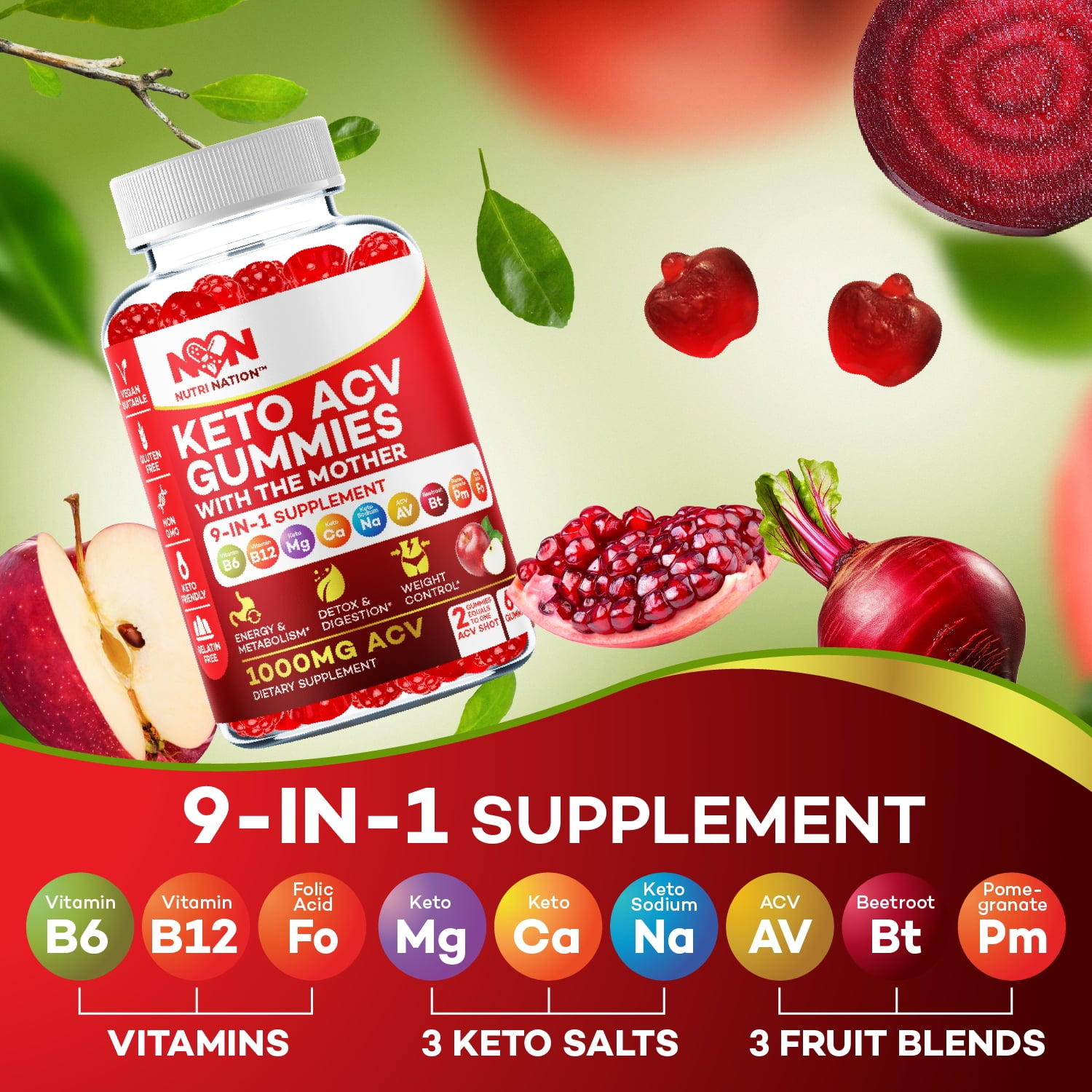 NUTRI NATION KETO ACV GUMMIES 1000MG WITH BHB SALTS 180 COUNT 3 BOTTLES