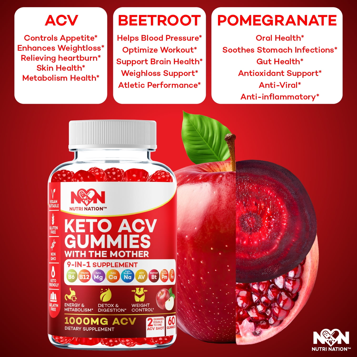 NUTRI NATION KETO ACV GUMMIES 1000MG WITH BHB SALTS 180 COUNT 3 BOTTLES